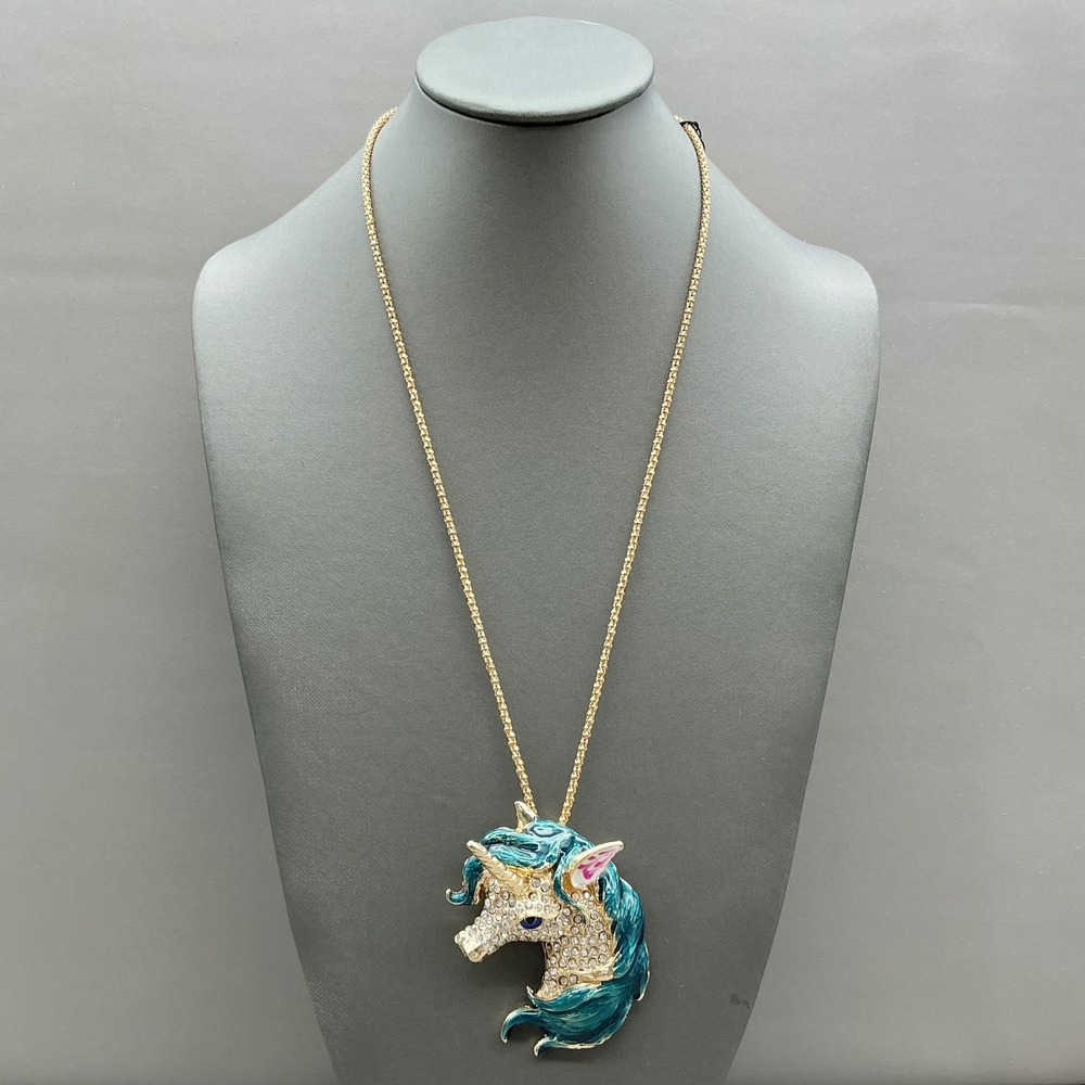 Betsey Johnson Necklace Women Gold Teal Unicorn Rhinestone Enamel Long Chain
